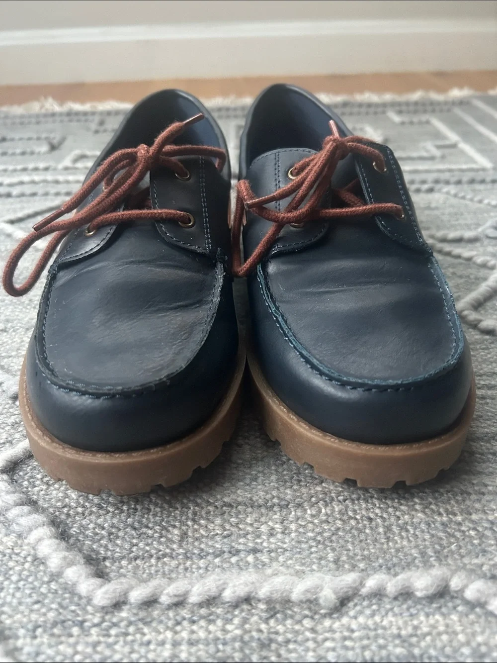 Men's Navy Blue Vegan Leather Lace-Up Boat Shoes w Brown Laces & Outsole- Size 5